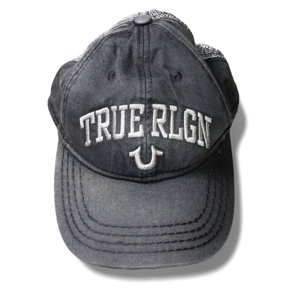 True Religion Other - True Religion Gray Distressed Embroidered Adjustable Mesh Trucker Hat One Size